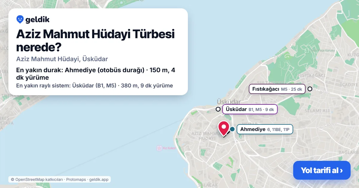 Where is Aziz Mahmut Hüdayi Türbesi: map with its location and the nearest stops, with walking times