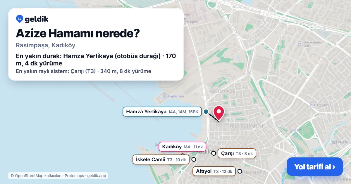 Azize Hamamı nerede: haritada konumu ve en yakın duraklar, yürüme süreleriyle
