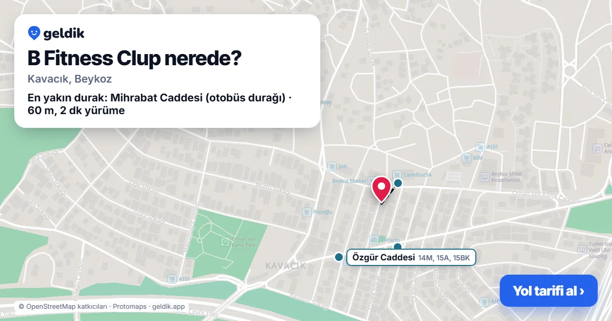 Where is B Fitness Clup: map with its location and the nearest stops, with walking times