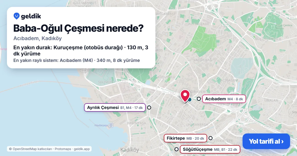 Baba-Oğul Çeşmesi nerede: haritada konumu ve en yakın duraklar, yürüme süreleriyle