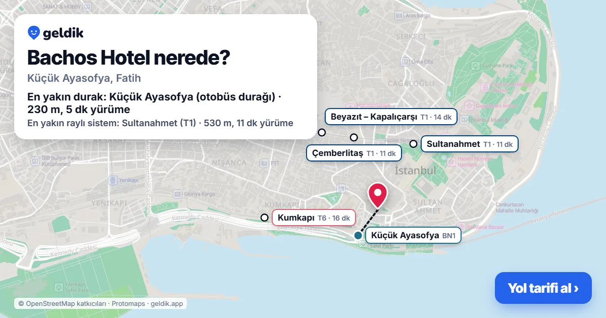 Bachos Hotel nerede: haritada konumu ve en yakın duraklar, yürüme süreleriyle