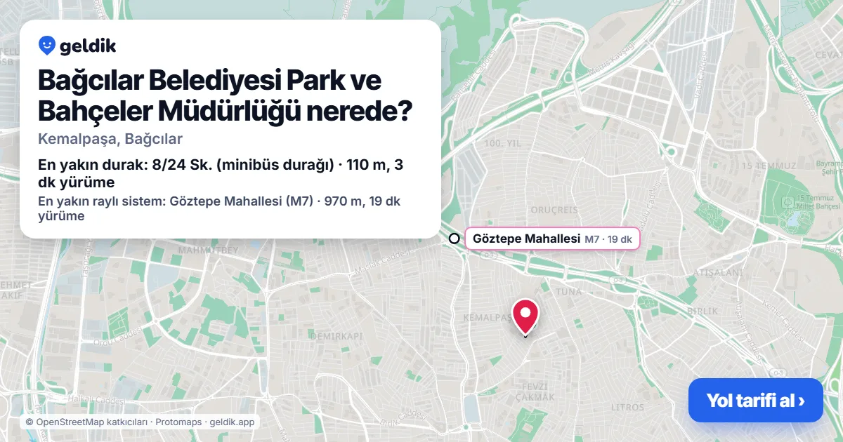 Where is Bağcılar Belediyesi Park ve Bahçeler Müdürlüğü: map with its location and the nearest stops, with walking times