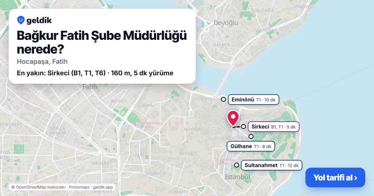 Where is Bağkur Fatih Şube Müdürlüğü: map with its location and the nearest stops, with walking times