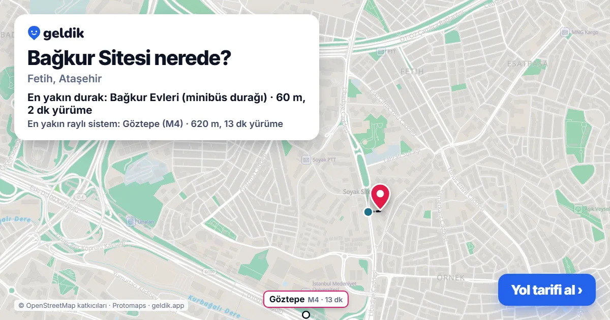 Where is Bağkur Sitesi: map with its location and the nearest stops, with walking times