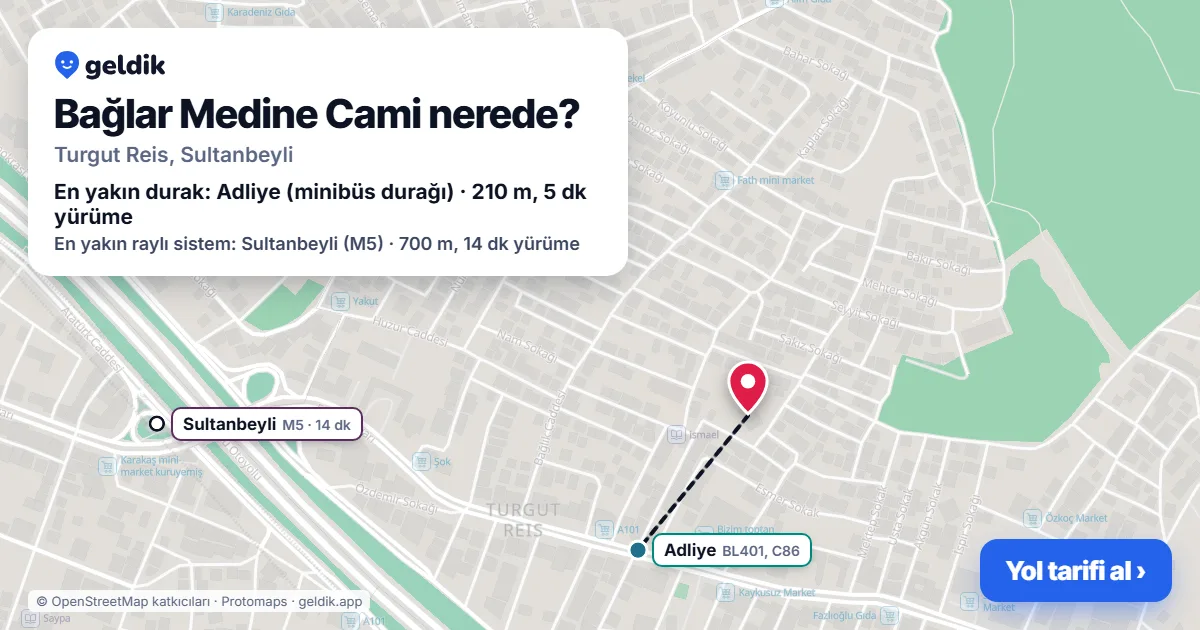 Bağlar Medine Cami nerede: haritada konumu ve en yakın duraklar, yürüme süreleriyle