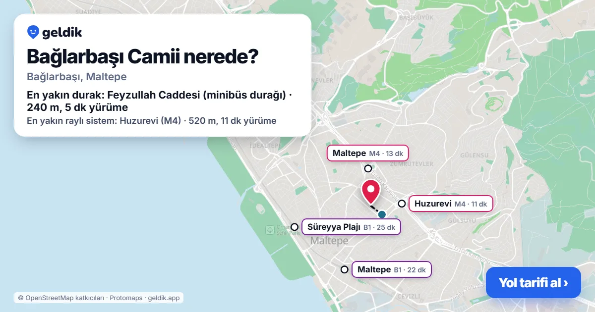Where is Bağlarbaşı Camii: map with its location and the nearest stops, with walking times