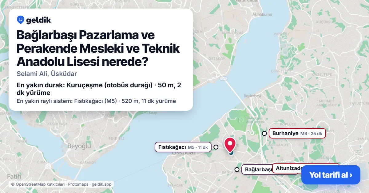 Bağlarbaşı Pazarlama ve Perakende Mesleki ve Teknik Anadolu Lisesi nerede: haritada konumu ve en yakın duraklar, yürüme süreleriyle