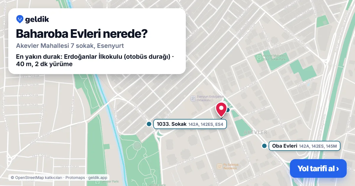 Baharoba Evleri nerede: haritada konumu ve en yakın duraklar, yürüme süreleriyle