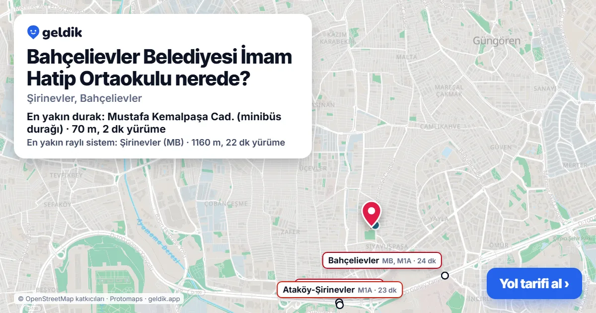 Bahçelievler Belediyesi İmam Hatip Ortaokulu nerede: haritada konumu ve en yakın duraklar, yürüme süreleriyle