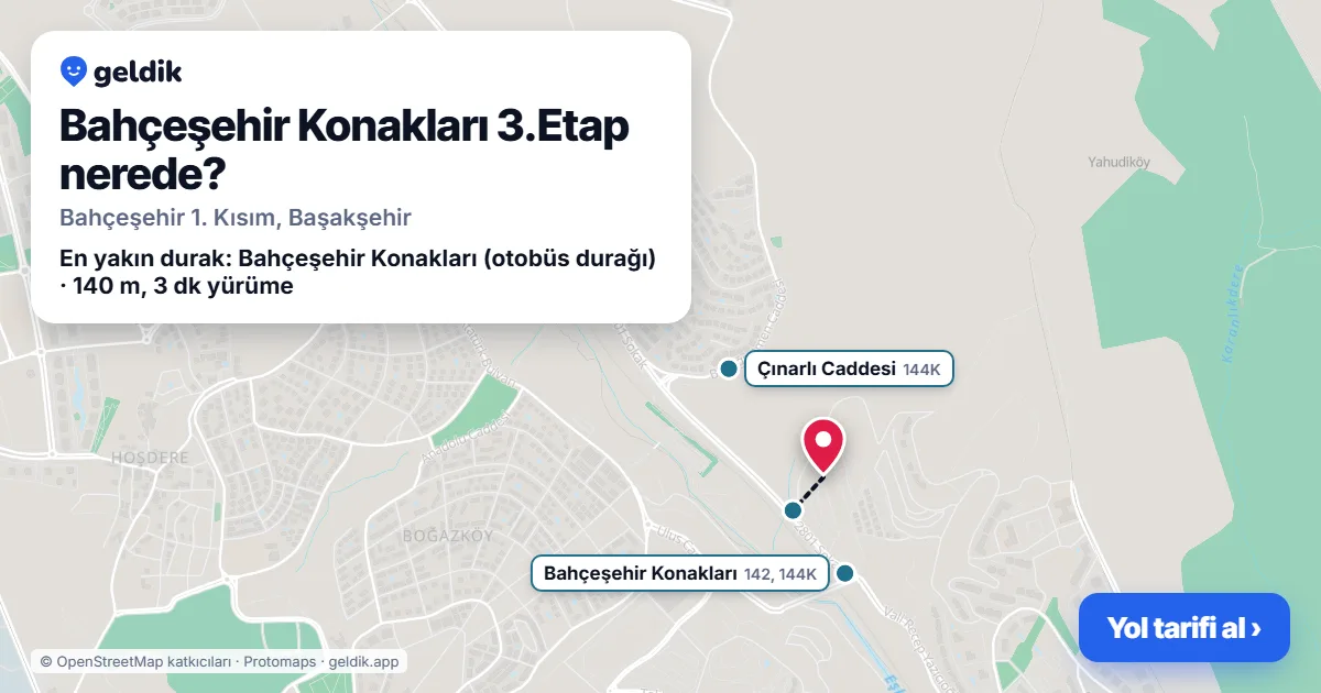 Bahçeşehir Konakları 3.Etap nerede: haritada konumu ve en yakın duraklar, yürüme süreleriyle