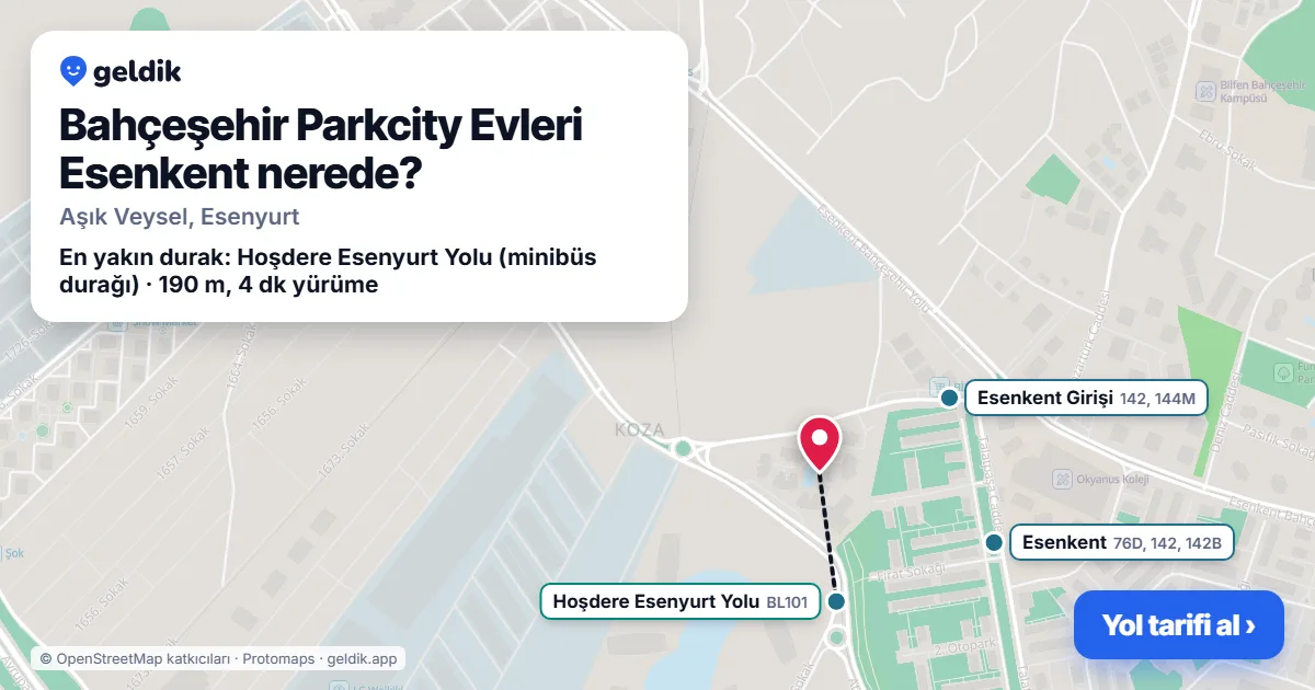 Bahçeşehir Parkcity Evleri Esenkent nerede: haritada konumu ve en yakın duraklar, yürüme süreleriyle