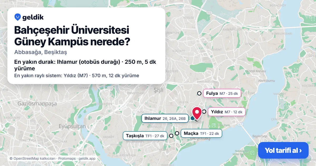 Bahçeşehir Üniversitesi Güney Kampüs nerede: haritada konumu ve en yakın duraklar, yürüme süreleriyle