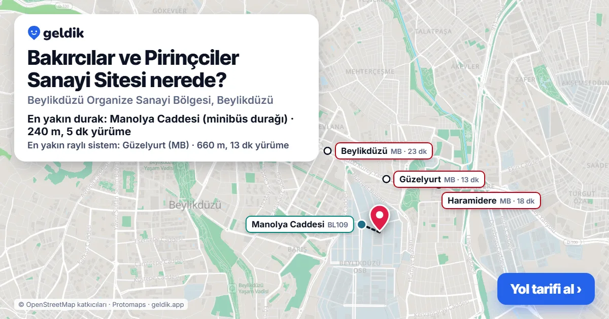 Where is Bakırcılar ve Pirinçciler Sanayi Sitesi: map with its location and the nearest stops, with walking times