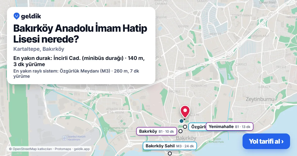 Bakırköy Anadolu İmam Hatip Lisesi nerede: haritada konumu ve en yakın duraklar, yürüme süreleriyle