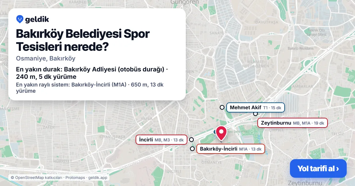 Bakırköy Belediyesi Spor Tesisleri nerede: haritada konumu ve en yakın duraklar, yürüme süreleriyle