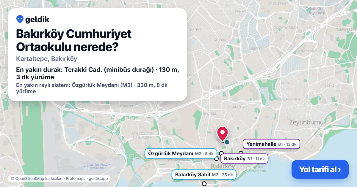 Where is Bakırköy Cumhuriyet Ortaokulu: map with its location and the nearest stops, with walking times