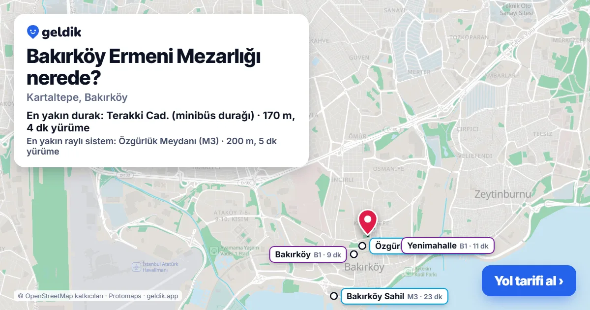 Bakırköy Ermeni Mezarlığı nerede: haritada konumu ve en yakın duraklar, yürüme süreleriyle