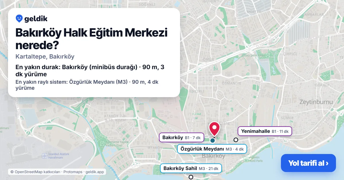 Where is Bakırköy Halk Eğitim Merkezi: map with its location and the nearest stops, with walking times