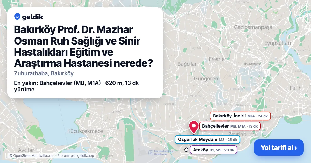 Bakırköy Prof. Dr. Mazhar Osman Ruh Sağlığı ve Sinir Hastalıkları Eğitim ve Araştırma Hastanesi nerede: haritada konumu ve en yakın duraklar, yürüme süreleriyle