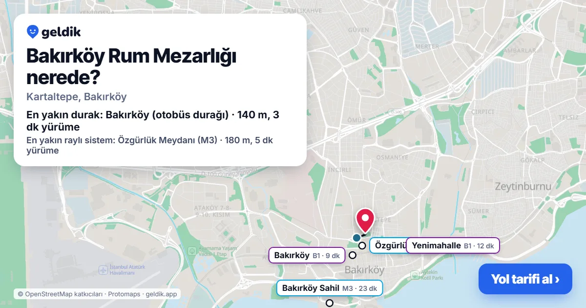 Bakırköy Rum Mezarlığı nerede: haritada konumu ve en yakın duraklar, yürüme süreleriyle