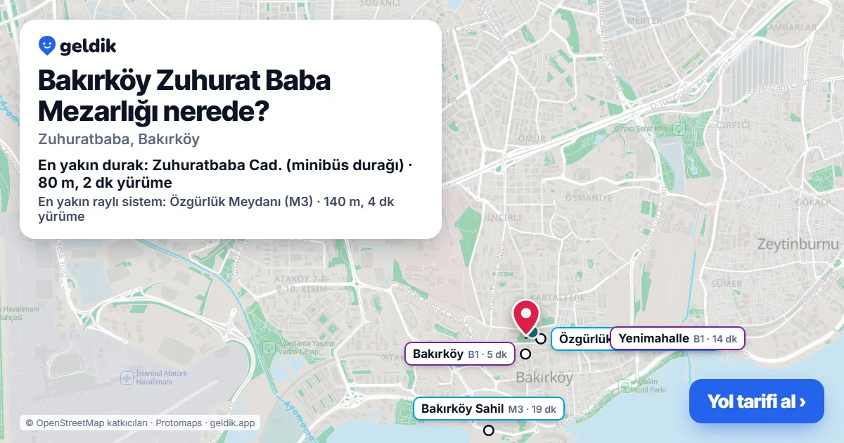 Where is Bakırköy Zuhurat Baba Mezarlığı: map with its location and the nearest stops, with walking times