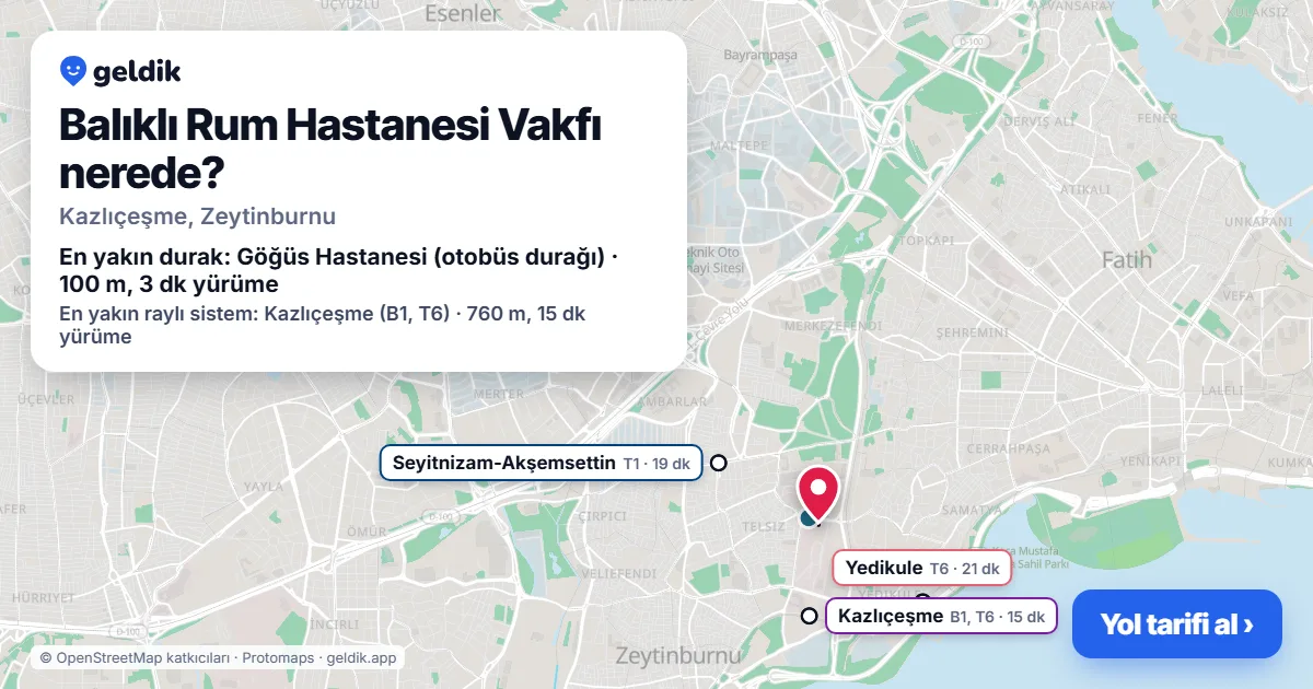 Balıklı Rum Hastanesi Vakfı nerede: haritada konumu ve en yakın duraklar, yürüme süreleriyle