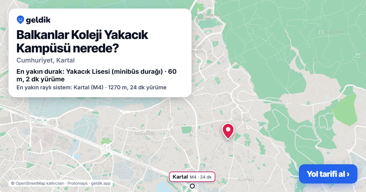 Balkanlar Koleji Yakacık Kampüsü nerede: haritada konumu ve en yakın duraklar, yürüme süreleriyle
