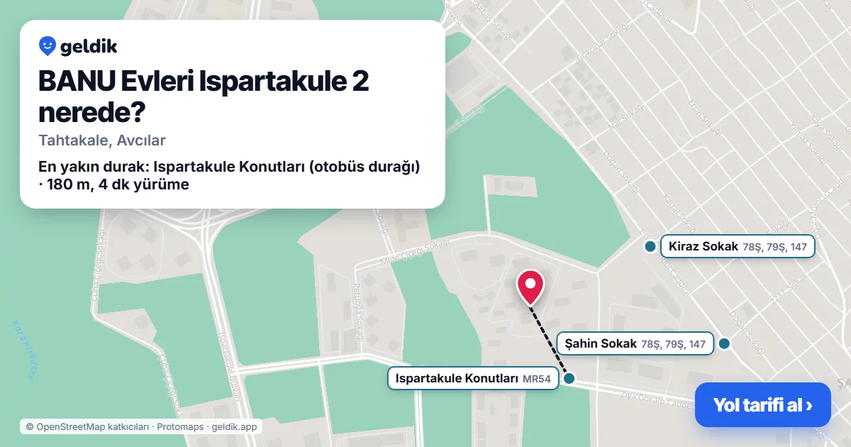 BANU Evleri Ispartakule 2 nerede: haritada konumu ve en yakın duraklar, yürüme süreleriyle
