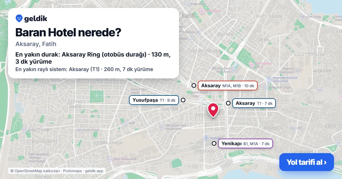 Where is Baran Hotel: map with its location and the nearest stops, with walking times