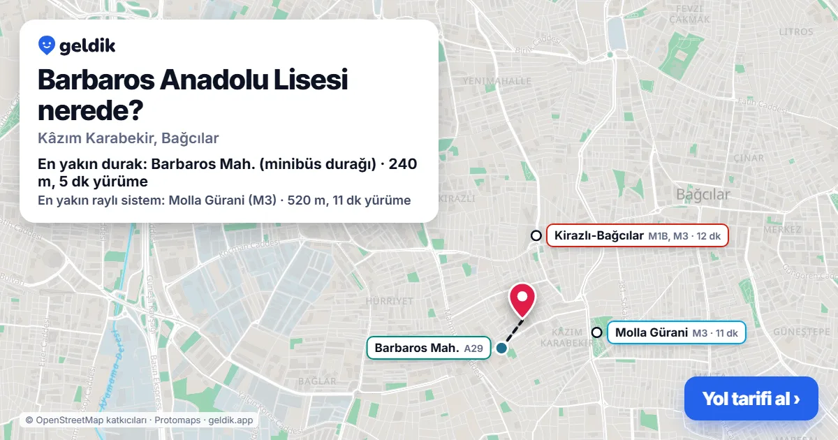 Barbaros Anadolu Lisesi nerede: haritada konumu ve en yakın duraklar, yürüme süreleriyle
