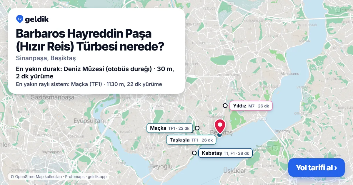 Barbaros Hayreddin Paşa (Hızır Reis) Türbesi nerede: haritada konumu ve en yakın duraklar, yürüme süreleriyle