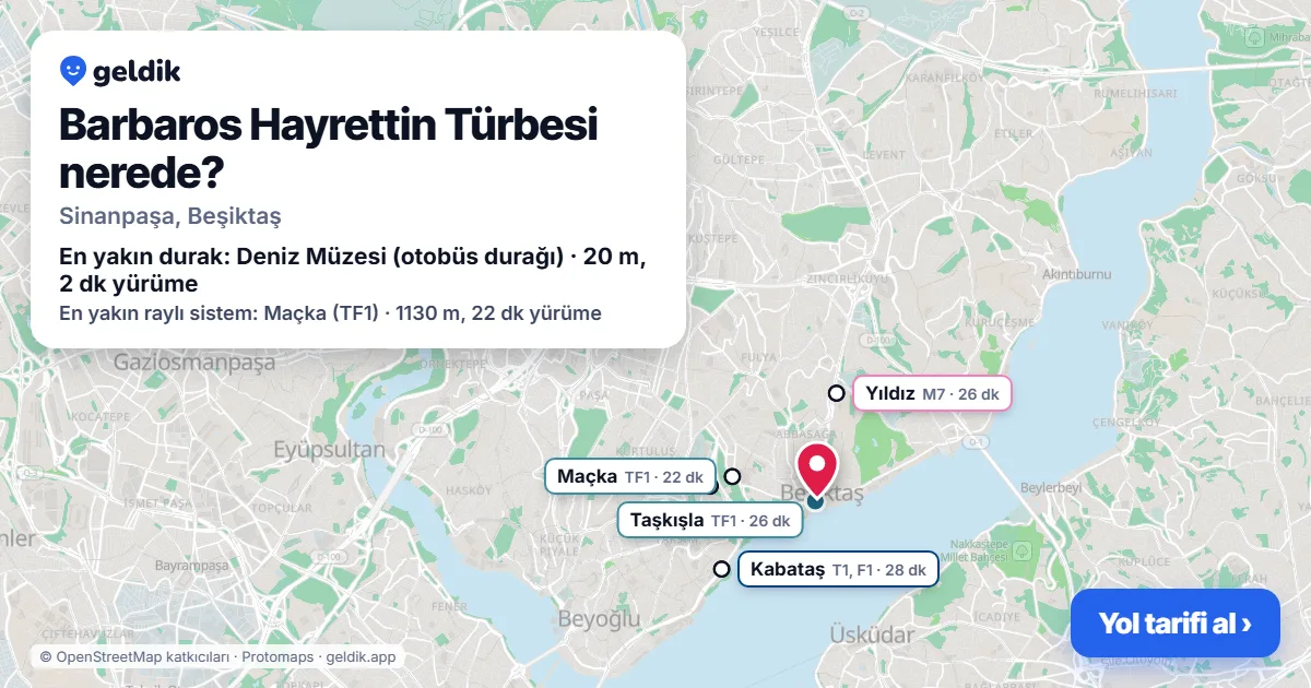 Barbaros Hayrettin Türbesi nerede: haritada konumu ve en yakın duraklar, yürüme süreleriyle