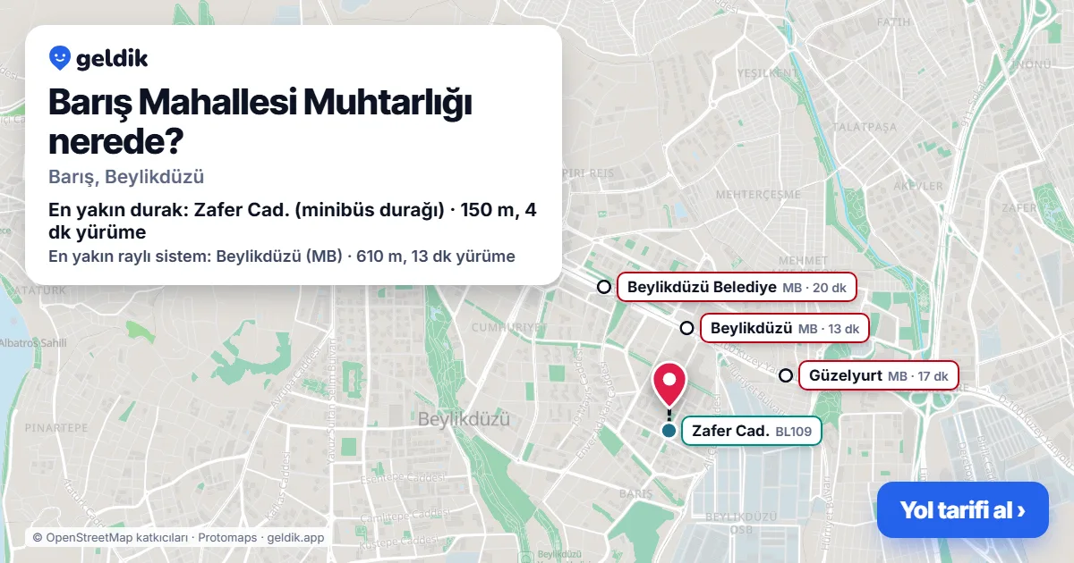 Barış Mahallesi Muhtarlığı nerede: haritada konumu ve en yakın duraklar, yürüme süreleriyle