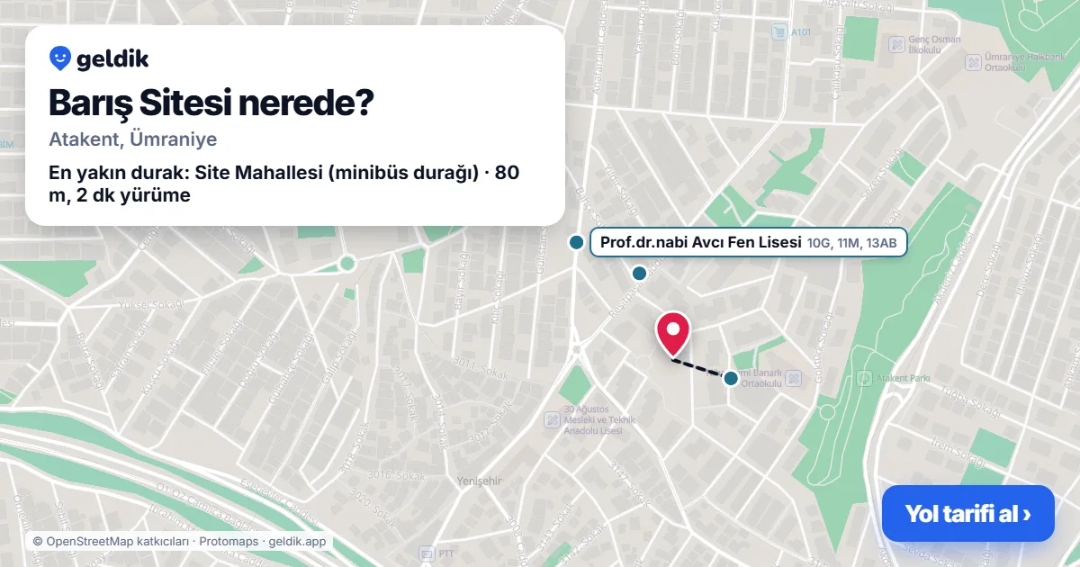 Barış Sitesi nerede: haritada konumu ve en yakın duraklar, yürüme süreleriyle