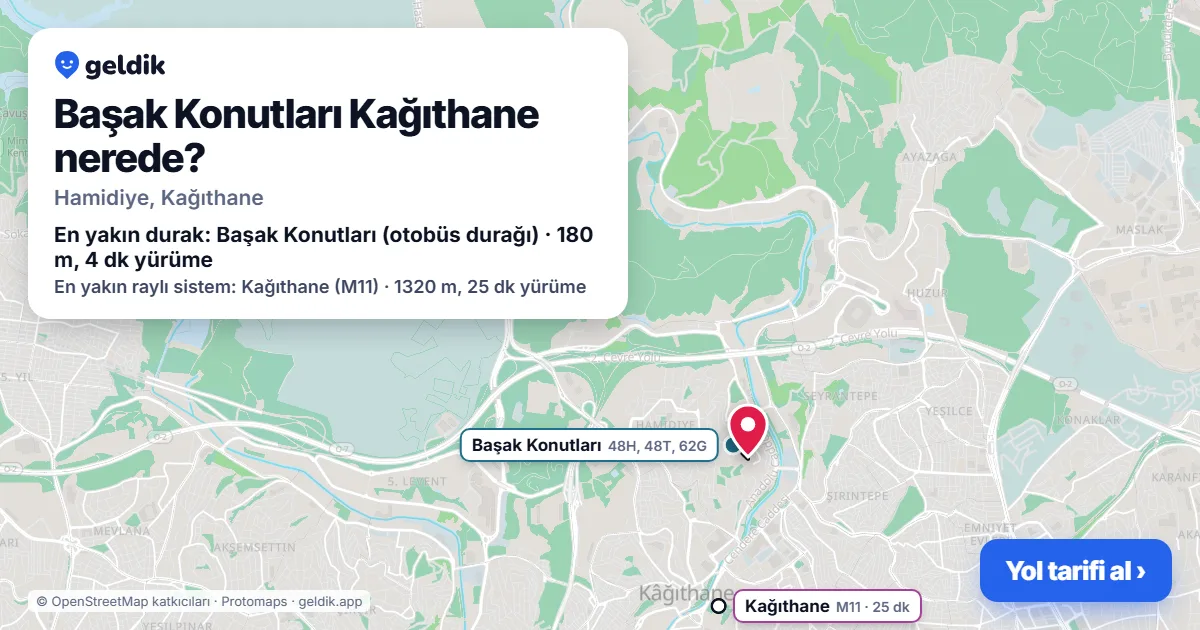 Where is Başak Konutları Kağıthane: map with its location and the nearest stops, with walking times