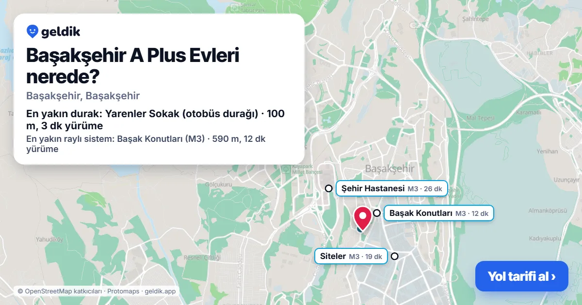 Where is Başakşehir A Plus Evleri: map with its location and the nearest stops, with walking times