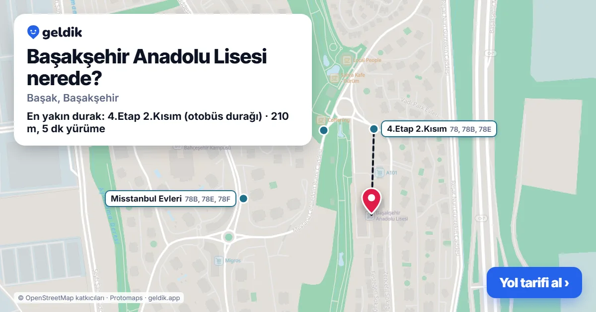 Where is Başakşehir Anadolu Lisesi: map with its location and the nearest stops, with walking times