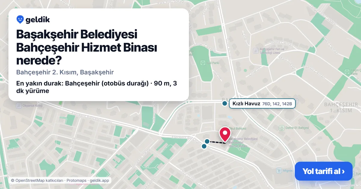 Where is Başakşehir Belediyesi Bahçeşehir Hizmet Binası: map with its location and the nearest stops, with walking times