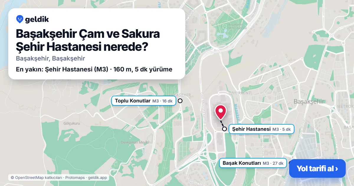Where is Başakşehir Çam and Sakura City Hospital: map with its location and the nearest stops, with walking times