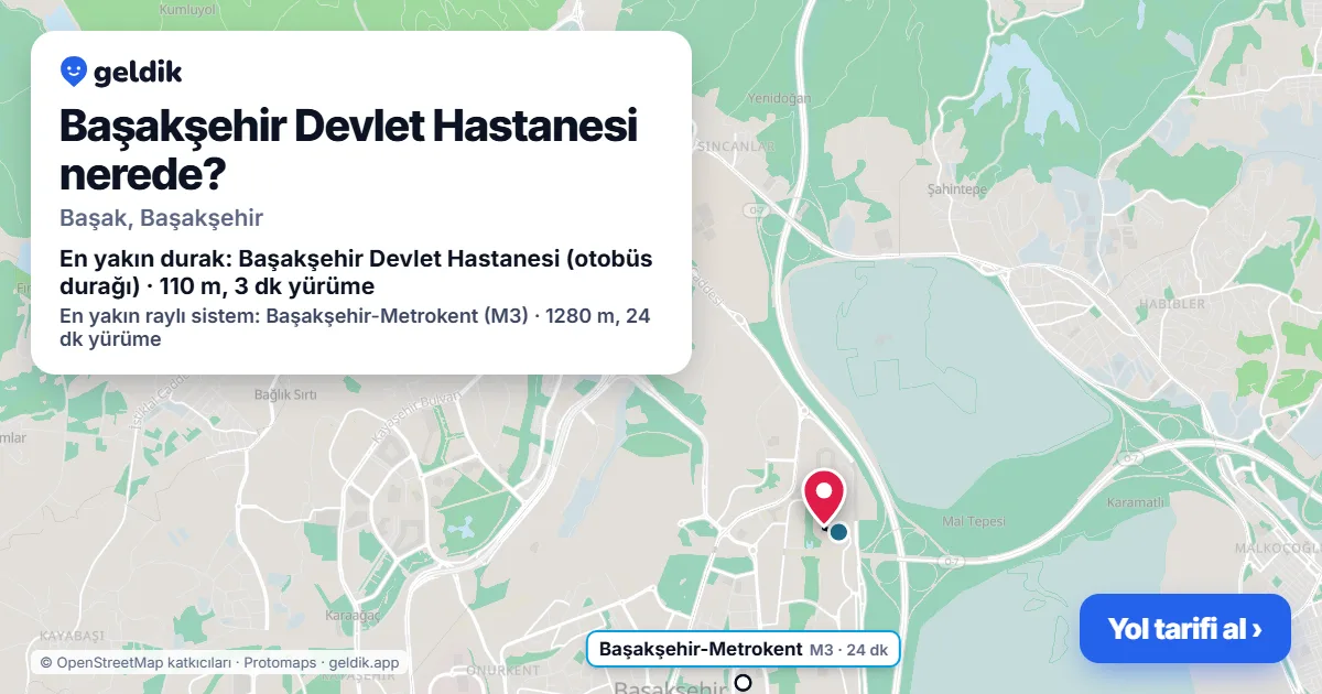 Where is Başakşehir Devlet Hastanesi: map with its location and the nearest stops, with walking times