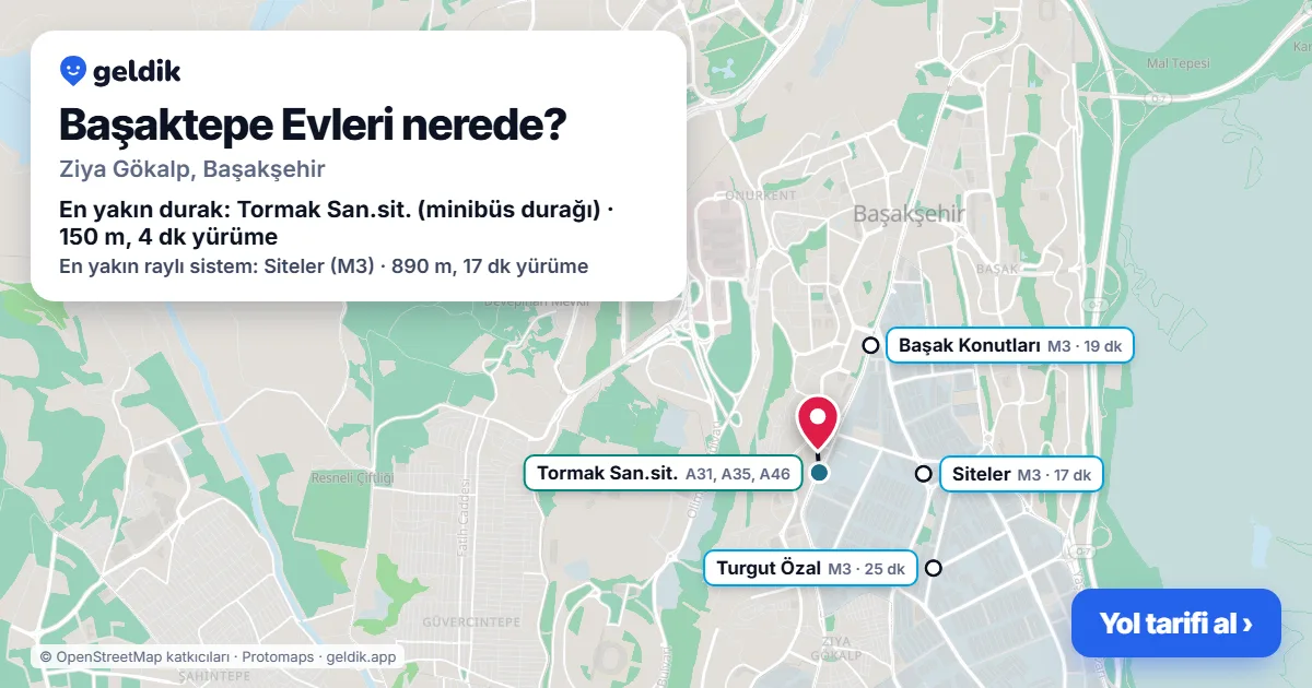 Where is Başaktepe Evleri: map with its location and the nearest stops, with walking times