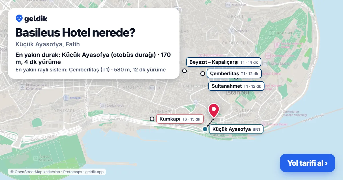 Where is Basileus Hotel: map with its location and the nearest stops, with walking times