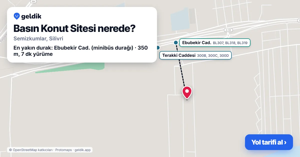 Where is Basın Konut Sitesi: map with its location and the nearest stops, with walking times
