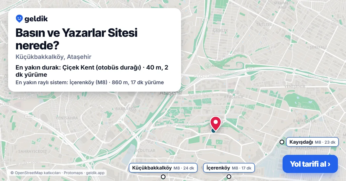 Basın ve Yazarlar Sitesi nerede: haritada konumu ve en yakın duraklar, yürüme süreleriyle