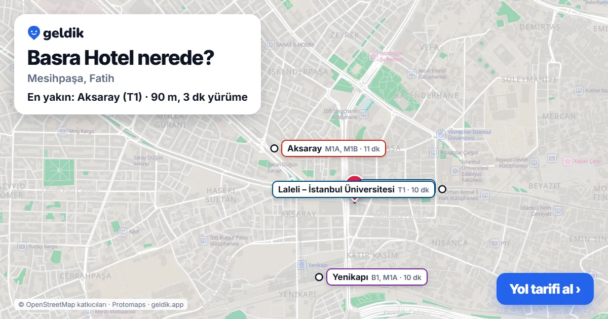 Where is Basra Hotel: map with its location and the nearest stops, with walking times