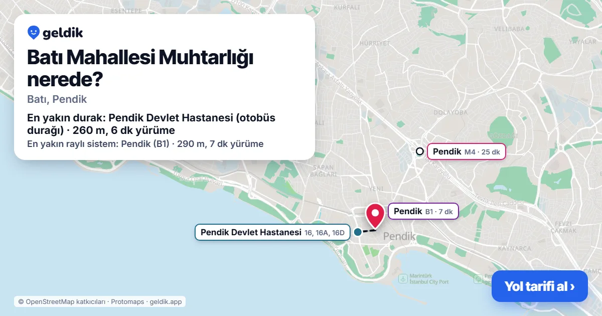 Where is Batı Mahallesi Muhtarlığı: map with its location and the nearest stops, with walking times