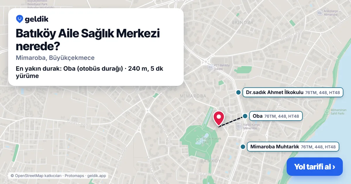 Where is Batıköy Aile Sağlık Merkezi: map with its location and the nearest stops, with walking times