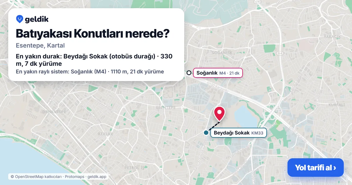 Where is Batıyakası Konutları: map with its location and the nearest stops, with walking times