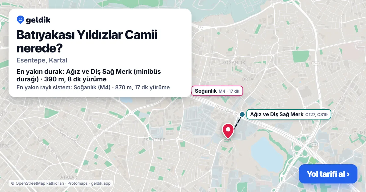 Batıyakası Yıldızlar Camii nerede: haritada konumu ve en yakın duraklar, yürüme süreleriyle