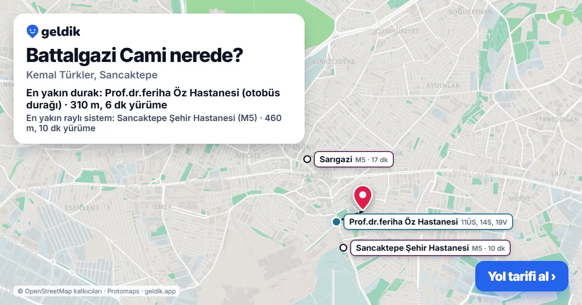 Where is Battalgazi Cami: map with its location and the nearest stops, with walking times